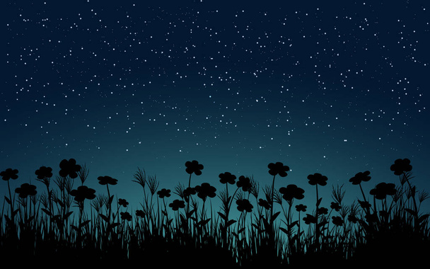 Σιλουέτα από γρασίδι και λουλούδια σε έναστρη νύχτα - Διάνυσμα, εικόνα