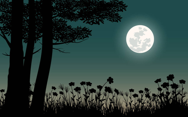 木のシルエットと満月 - ベクター画像