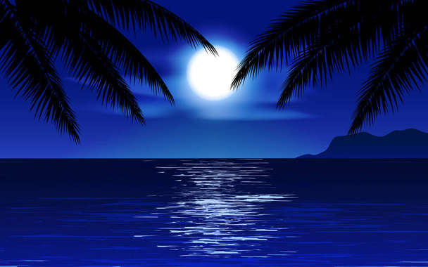 Belle nuit de plage avec palmier et clair de lune - Vecteur, image