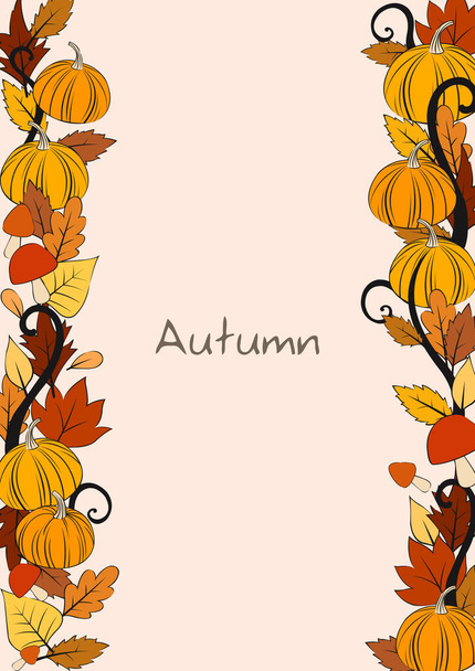 秋祭りの装飾のためのカボチャ、葉やキノコのフレームベクトル. - ベクター画像