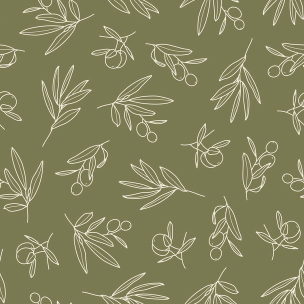 Olivová větev s listy a bezešvým vzorkem ovoce v módním minimálním stylu. Obrys botanického pozadí. Květinová zelená vektorová ornament pro tisk na tkaniny, pozvání, balení, tapety - Vektor, obrázek