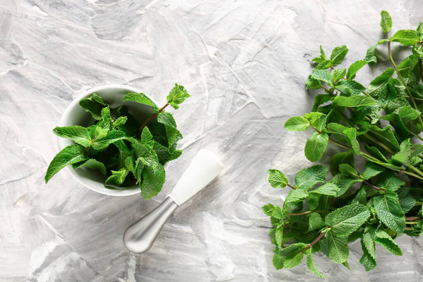 Mortar with mint and pestle on light background - Photo, Image
