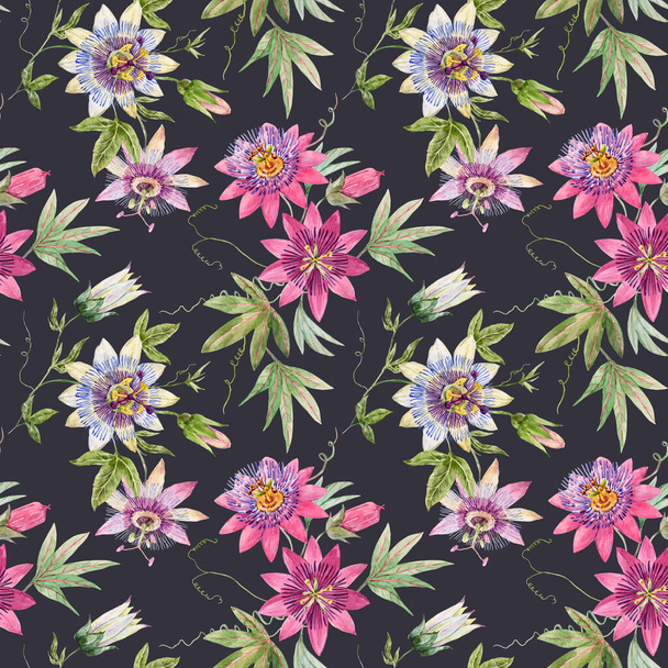 Beautiful seamless floral pattern with hand drawn watercolor passionflower flowers. Stock illustration. - Foto, afbeelding