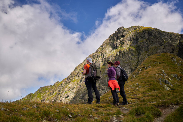 Family hiking into the mountains with backpacks - Zdjęcie, obraz
