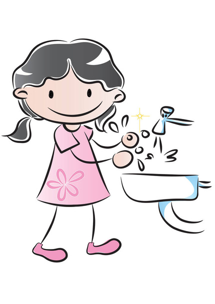 cartoon girl washing hands in sink isolated on white background, hygiene concept  - Vecteur, image