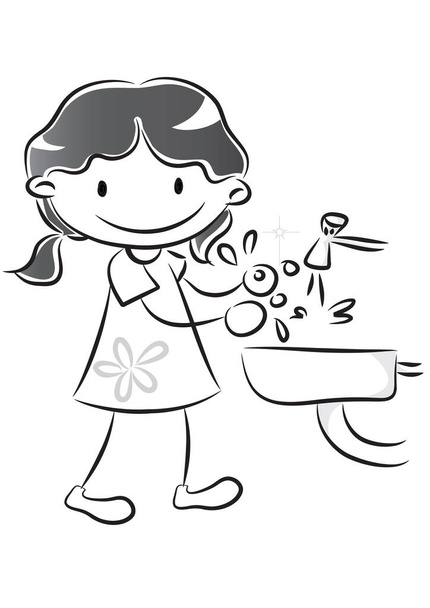 évier de fille dessin animé se laver les mains dans l'évier isolé sur fond blanc, concept d'hygiène  - Vecteur, image