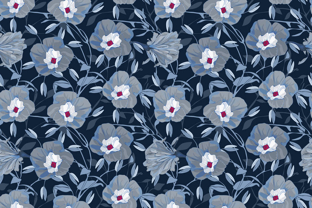 Floral vector seamless pattern. Grey, blue morning glory flowers, branches and leaves. - Вектор,изображение