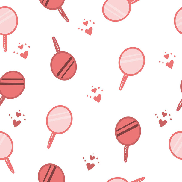 Seamless pattern of mirrors with little hearts on white background. Beauty and cosmetic concept. Flat illustration. - ベクター画像