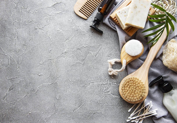 Zero waste natural cosmetics products on concrete background. Flat lay.  - Foto, imagen