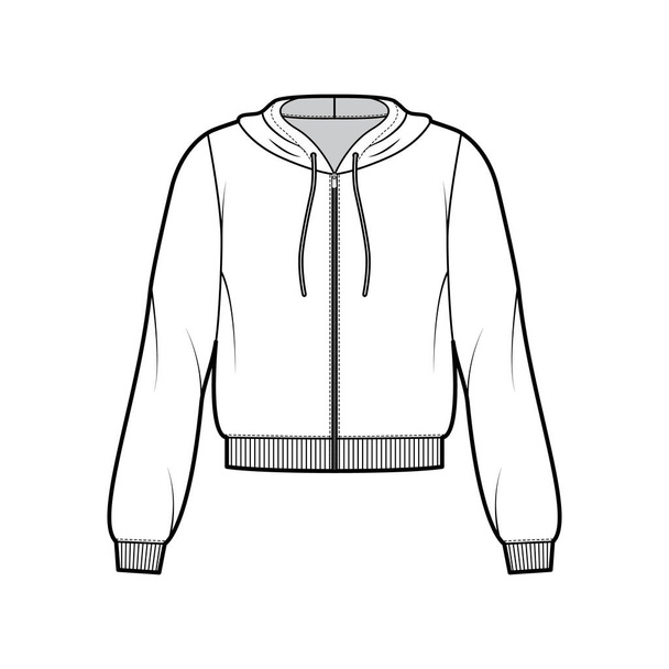 Reißverschluss-Baumwolle-Fleece-Kapuzenpullover technische Mode Illustration mit entspannter Passform, lange Ärmel, Rippstrickbündchen Pullover Bekleidung - Vektor, Bild