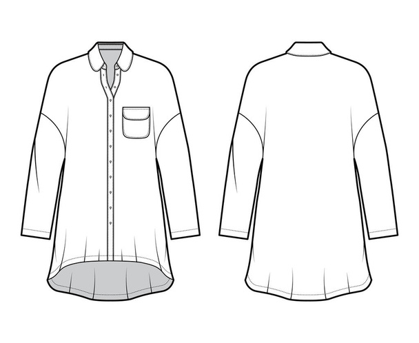 Vestido de camisa sobredimensionado ilustración técnica de moda con bolsillo redondeado y cuello, mangas largas, hombros caídos - Vector, Imagen