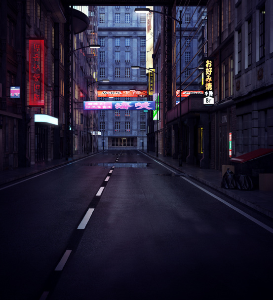 Cyperpunk-Sci-Fi-Stadt, dunkle Straße mit Leuchtreklamen - Foto, Bild