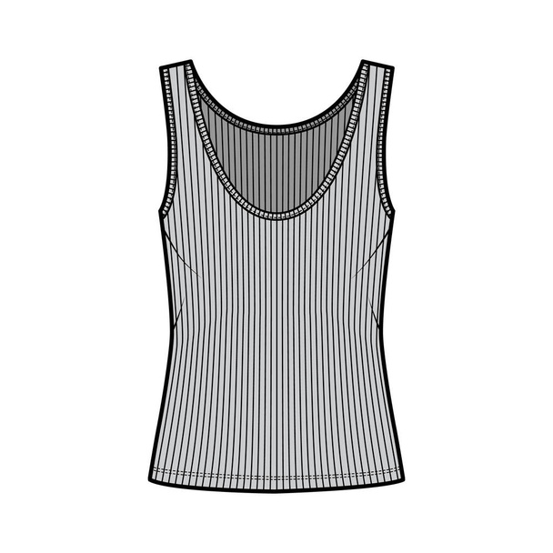 Żebrowany open-knit zbiornik ilustracji technicznej mody z nadmiaru ciała, głęboka gałka szyi, podłużny rąbek. Bielizna płaska - Wektor, obraz