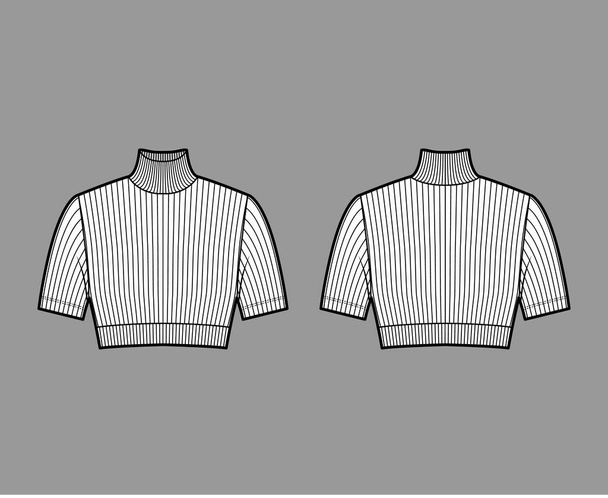 短袖のクロップドタートルネックリブニットセーター技術的なファッションイラスト、密着形状.  - ベクター画像