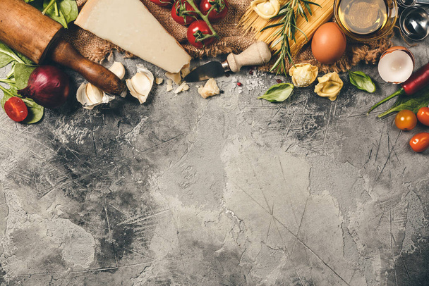 Italian food background. Slate background with space for text - Zdjęcie, obraz