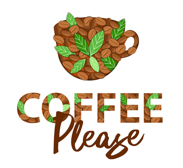 Koffie winkel promotie Motivatie Concept. Citaat, zin, koffie Brieven met koffiebonen en bladeren op witte achtergrond. Idee voor Poster, Postkaart. Kleurrijke platte stijl vectorillustratie - Vector, afbeelding