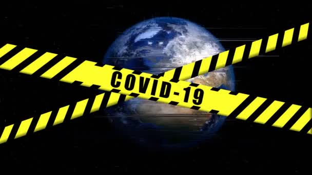 COVID-19 advirtiendo cinta negra y amarilla en animación PLANETA DE TIERRA, área de peligro de Coronavirus, contención global, país en cuarentena - Imágenes, Vídeo