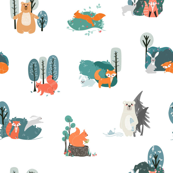Seamless pattern. Cute animals on the background of the forest, trees, plants. Bear, Fox, Squirrel, Hare. Forest Animals. Vector illustrations in the Scandinavian style - Vecteur, image