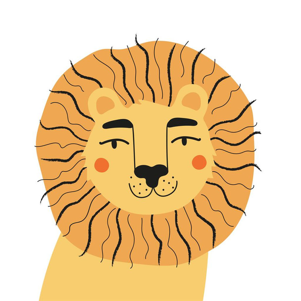 Ilustración vectorial con retrato de león lindo. Diseño de impresión de estilo plano de moda con animal salvaje, carácter infantil para pegatina o tarjeta de felicitación - Vector, Imagen