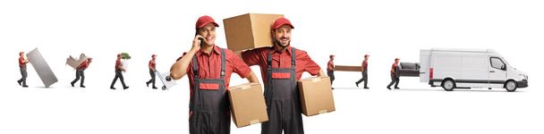 Movers putting household items in a van and two workers posing in the front isolated on white background - Foto, Bild