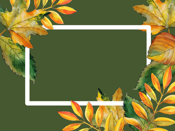 cadre de feuilles d'automne multicolores peintes à la main avec aquarelle avec espace de copie - Photo, image