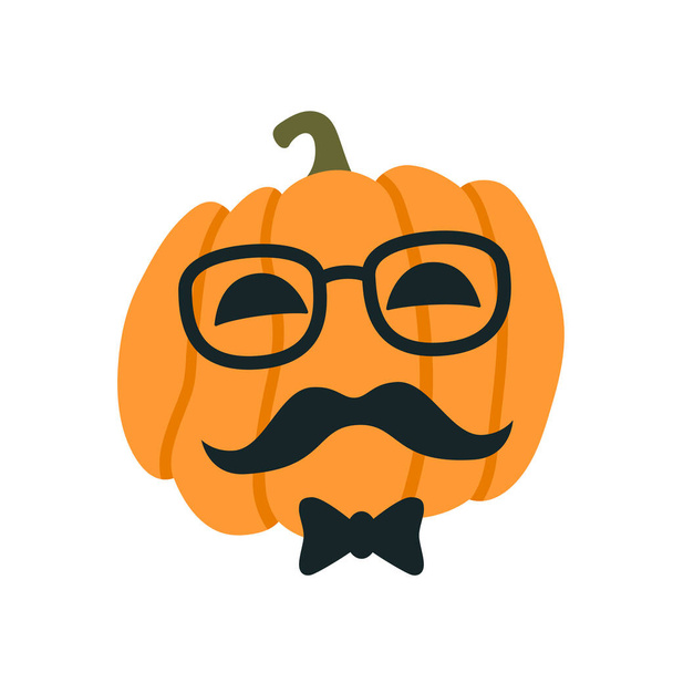Calabaza de Halloween en la imagen de un hipster con gafas y bigote. Ilustración vectorial - Vector, imagen