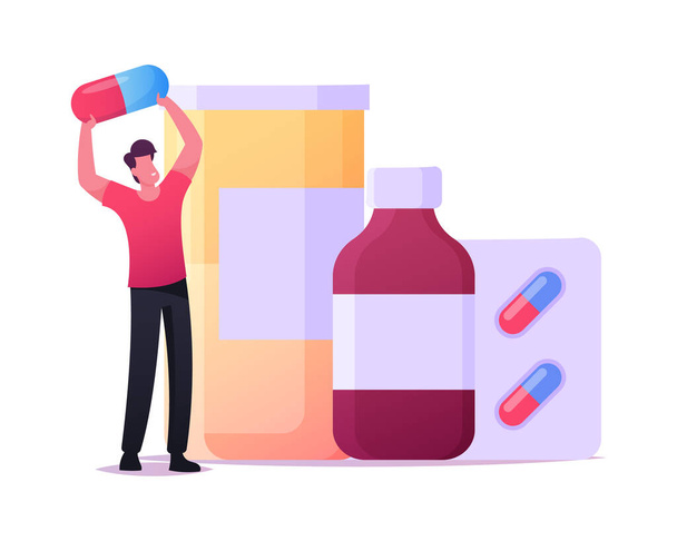 Крошечный мужской персонаж, держащий витамины капсулы или таблетки от наркотиков стенд на огромной бутылке и волдырь с таблетками - Вектор,изображение