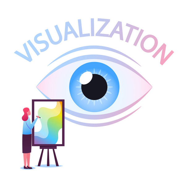 Visualización, pensamiento positivo. Personaje femenino pintura abstracta imagen en caballete con enorme ojo humano mirándola - Vector, imagen