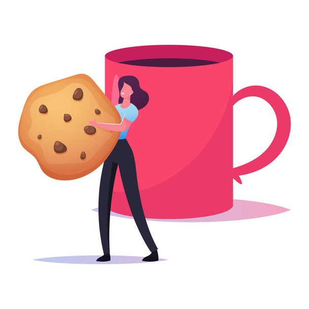 Personagem feminina minúscula transportar biscoito no copo enorme com bebida quente. Mulher Relaxe no intervalo com xícara de café, café visitante - Vetor, Imagem