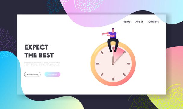 Deadline, Time Valuable Life Resource Landing Page Template. Character Sit at Huge Alarm Clock Pointing on Wrist Watches - Vector, Image