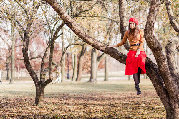 Belle femme brune au béret rouge, au col roulé marron et à la jupe rouge assise haut sur une branche d'arbre dans un parc d'automne. Photo horizontale - Photo, image