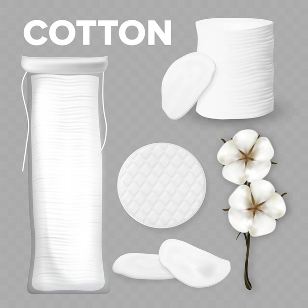 Cotton Flowers Buds Branch And Product Set Vector. Blossom Agricultural Natural Ripe Fluffy Cotton Bolls And Hygienic Skincare Accessory Pads Package. Template Realistic 3d Illustrations - Vector, Image