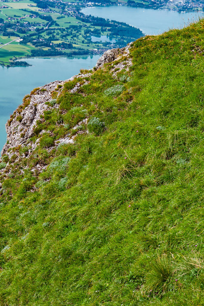 Szcenírozott kilátás a területen a Schafberg-hegy a tó Wolfgangsee az osztrák állam Salzburg, augusztus 2020 - Fotó, kép