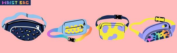 Banana shaped belt bag colorful waist bag. Fancy retro style from 90s. Isolated vector illustration. - Vector, Image