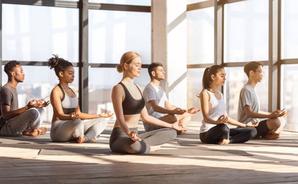 Skupinový trénink jógy. Relaxovaní multiraciální lidé meditující se zavřenýma očima ve studiu - Fotografie, Obrázek