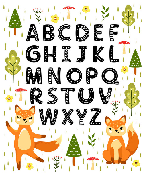 Alfabeto infantil com ornamento e raposas bonitos. Conjunto de fontes em estilo escandinavo, impressão. - Vetor, Imagem
