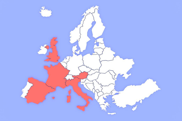 3D vykreslená mapa Evropy v bílém, zaměřená na červené země. 3D vykreslená ilustrace. - Fotografie, Obrázek