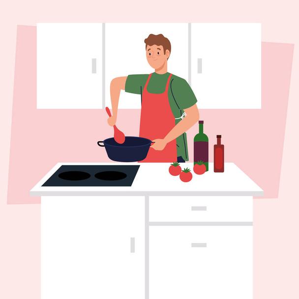 mies ruoanlaitto käyttäen esiliina, keittiössä kohtaus tarvikkeet ja vihannekset - Vektori, kuva