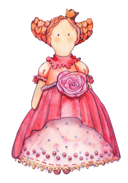 ティルダ人形姫の女の子の手で作られた布の顔の文字ローズパターンヘアスタイルかわいい子供っぽいギフト水彩イラスト孤立 - 写真・画像