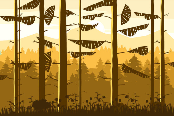 Forest coniferous trunks of fir trees silhoutte, autumn, fall wood hills. Vector illustration isolated - Vector, Image