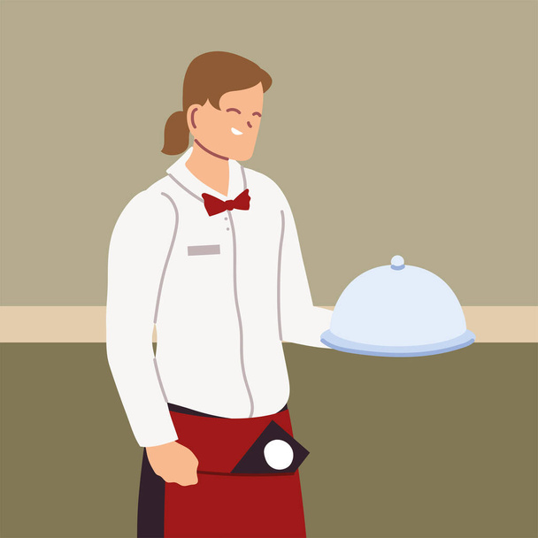 young man waitress with uniform holding tray - Vector, Image