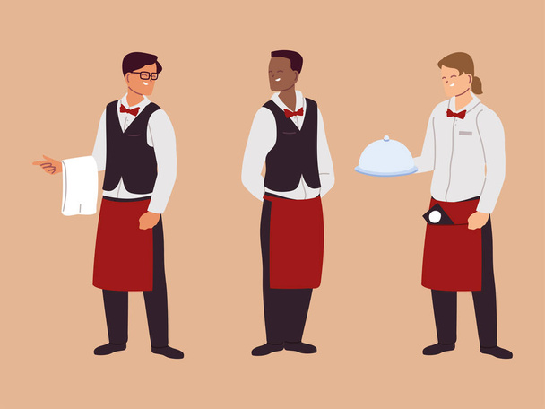conjunto de hombres camareros en el restaurante - Vector, Imagen