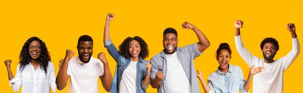 Collage de personnes noires heureuses célébrant le succès sur jaune - Photo, image