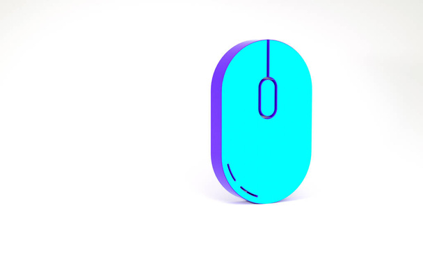 ターコイズ白い背景に隔離されたコンピュータのマウスアイコン。ホイールシンボル付き光学。最小限の概念。3Dイラスト3Dレンダリング. - 写真・画像