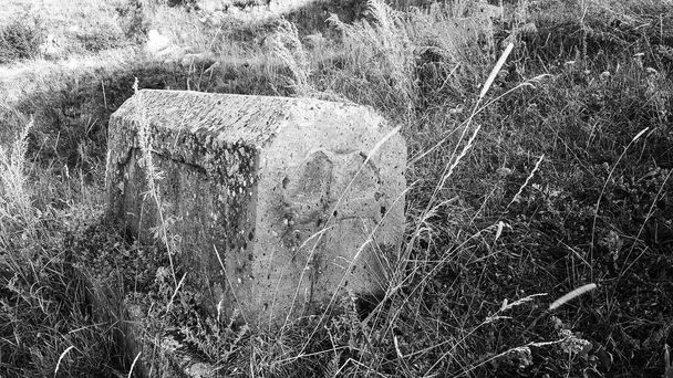Antik Ermeni mezarlığı. 1800 'lerin Christian Grave' i. Gömme yeri. Mezar taşı oyulmuş. Çok eski taşlardan. Eski dünyanın anısına bir anıt. Tarihsel bellek. - Fotoğraf, Görsel