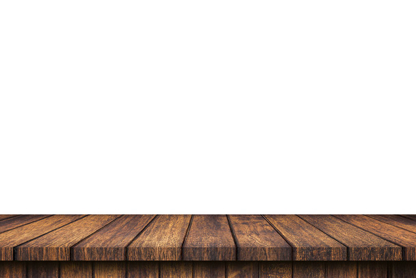 Prázdný dřevěný stůl na izolovat bílé pozadí a zobrazit montáž s kopírovacím prostorem pro produkt. - Fotografie, Obrázek