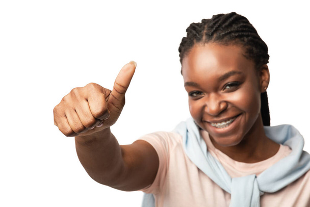 African Millennial Girl Gesturing Thumbs Up Posing On White Background - Zdjęcie, obraz