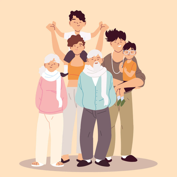 μεγάλη οικογένεια, γονείς, παππούδες και παιδιά - Διάνυσμα, εικόνα