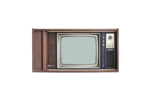 Vecchia TV vintage isolata su sfondo bianco. Televisore classico con cassa in legno. Oggetto con percorso di ritaglio  - Foto, immagini