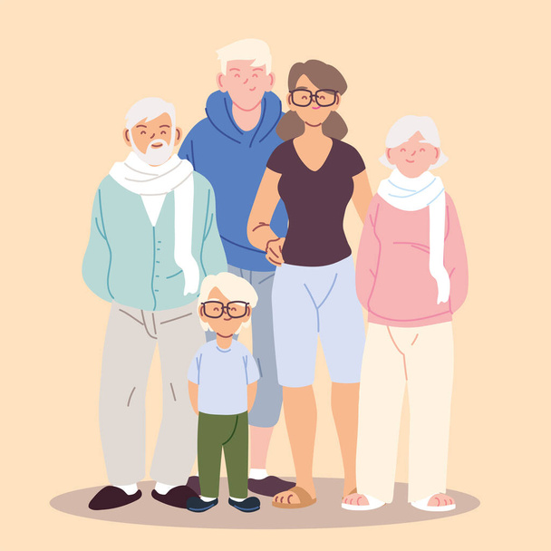 χαριτωμένη οικογένεια, γονείς, παππούδες και αγόρι - Διάνυσμα, εικόνα